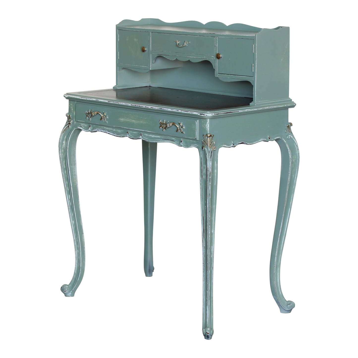 Vintage French style secretary desk.  This desk is solid built with leather top.  This desk is professionally refinished in light green, beautifully distressed in a clear satin top coat with gold painted accents.  Dimensions: 28"Width x 17"Depth x 39"Height x 29"Top Height. 