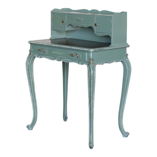 Vintage French style secretary desk.  This desk is solid built with leather top.  This desk is professionally refinished in light green, beautifully distressed in a clear satin top coat with gold painted accents.  Dimensions: 28"Width x 17"Depth x 39"Height x 29"Top Height. 