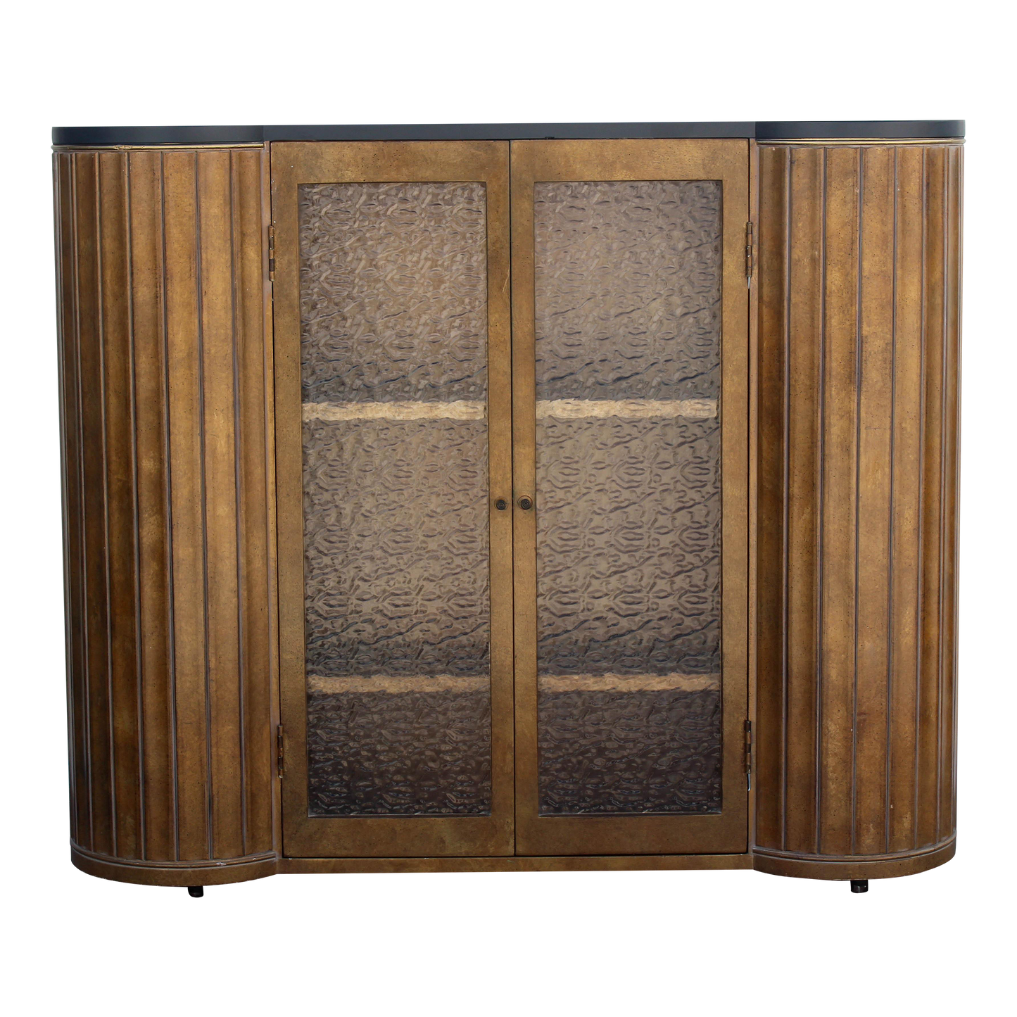 Mid-Century walnut dry bar cabinet with double glass door.  and two shelves.  Dimensions: 44"Width x 12"Depth x 47"Height. 