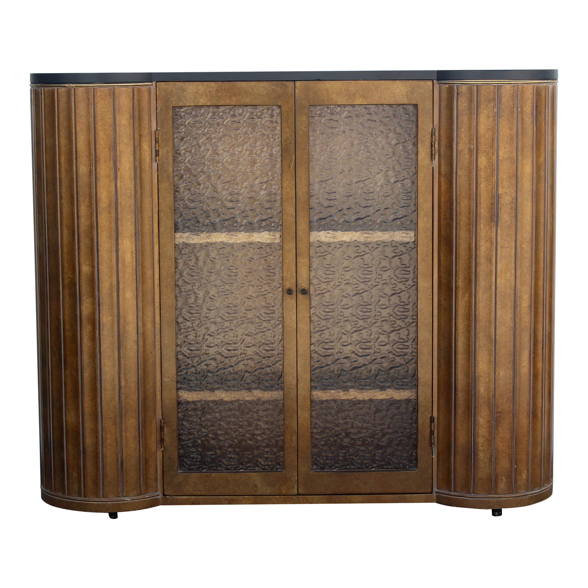 Mid-Century walnut dry bar cabinet with double glass door.  and two shelves.  Dimensions: 44"Width x 12"Depth x 47"Height. 