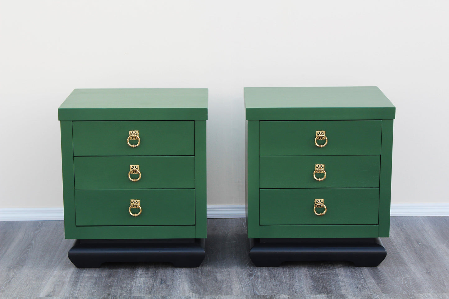 1960s Pair of Asian Style Green Nightstands of Three Drawers