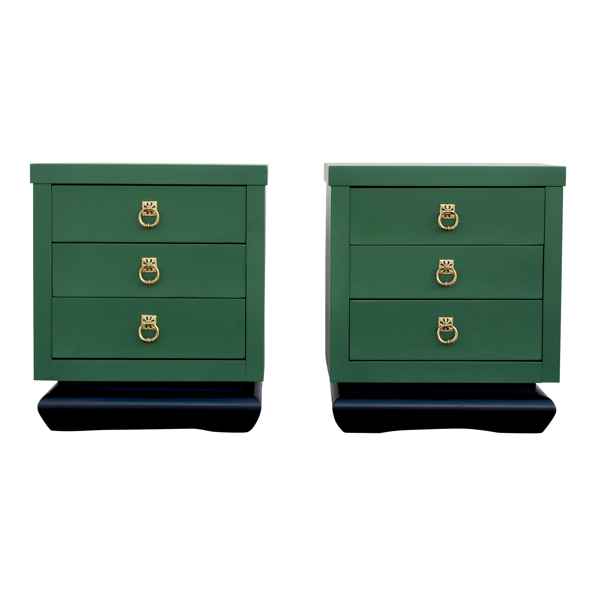 Pair of walnut Asian style nightstands. The nightstands are refinished in green and a black base with a satin topcoat.Dimensions:22"width x 17"Depth x 26"Height. 