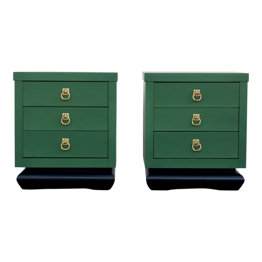 Pair of walnut Asian style nightstands. The nightstands are refinished in green and a black base with a satin topcoat.Dimensions:22"width x 17"Depth x 26"Height. 