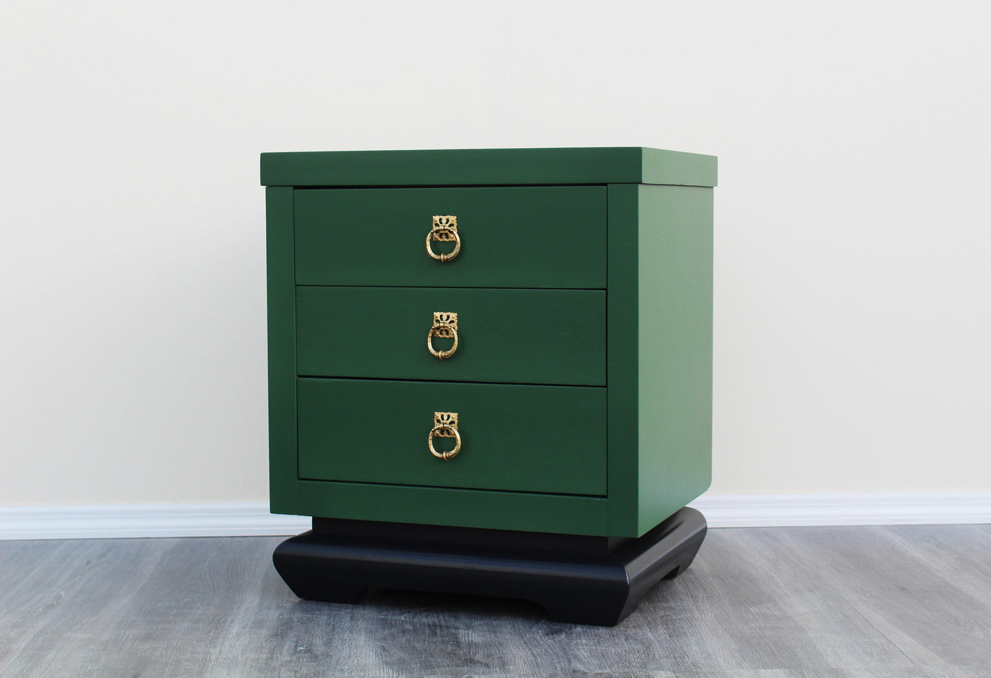 1960s Pair of Asian Style Green Nightstands of Three Drawers