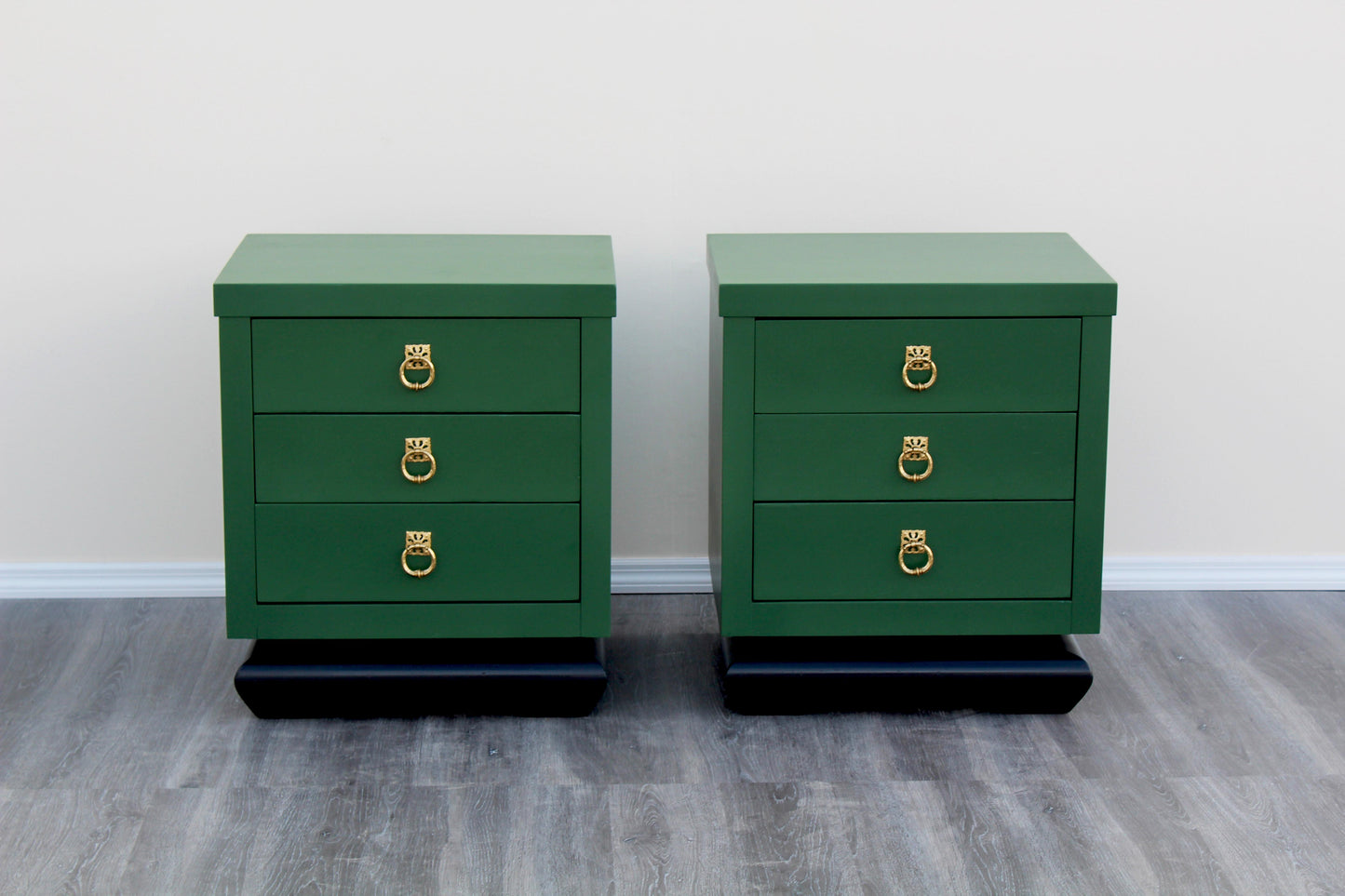 1960s Pair of Asian Style Green Nightstands of Three Drawers