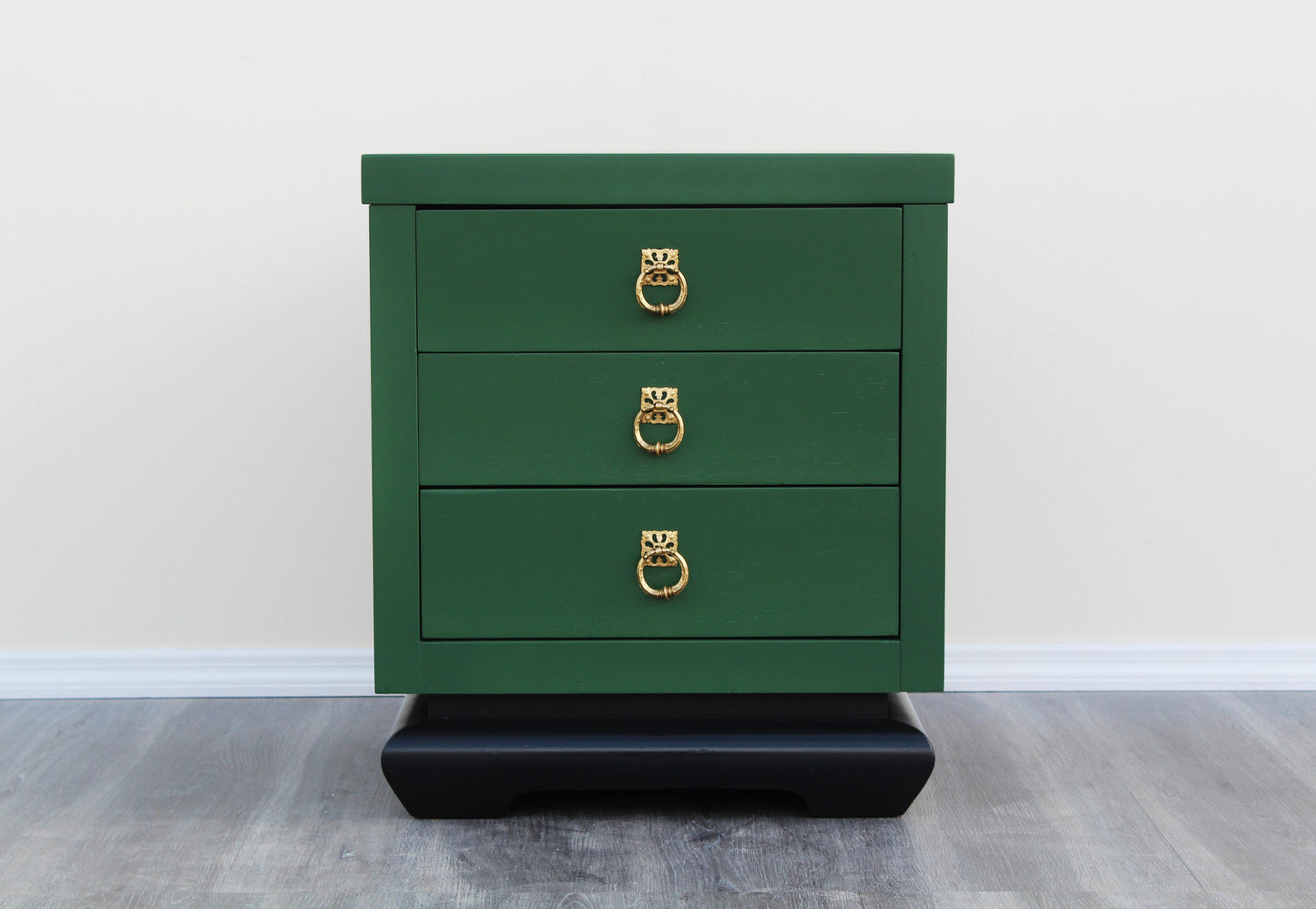 1960s Pair of Asian Style Green Nightstands of Three Drawers