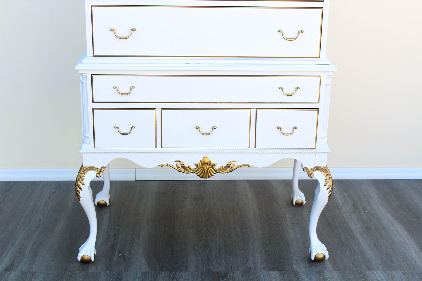 1960's White and Gold Chippendale Style Highboy of Six Drawers