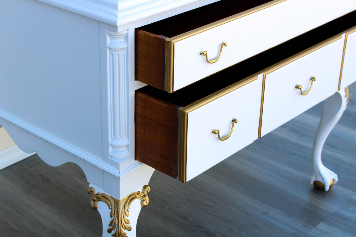 1960's White and Gold Chippendale Style Highboy of Six Drawers