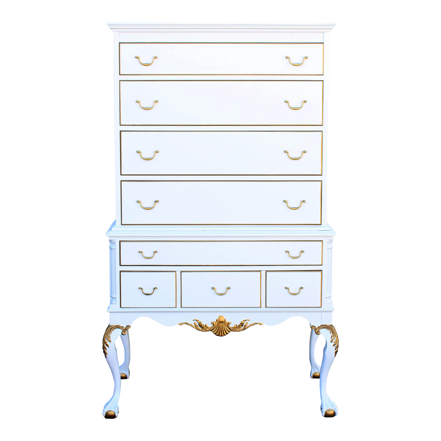 1960's White and Gold Chippendale Style Highboy of Six Drawers