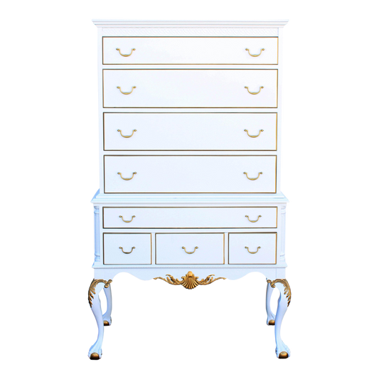 1960's White and Gold Chippendale Style Highboy of Six Drawers