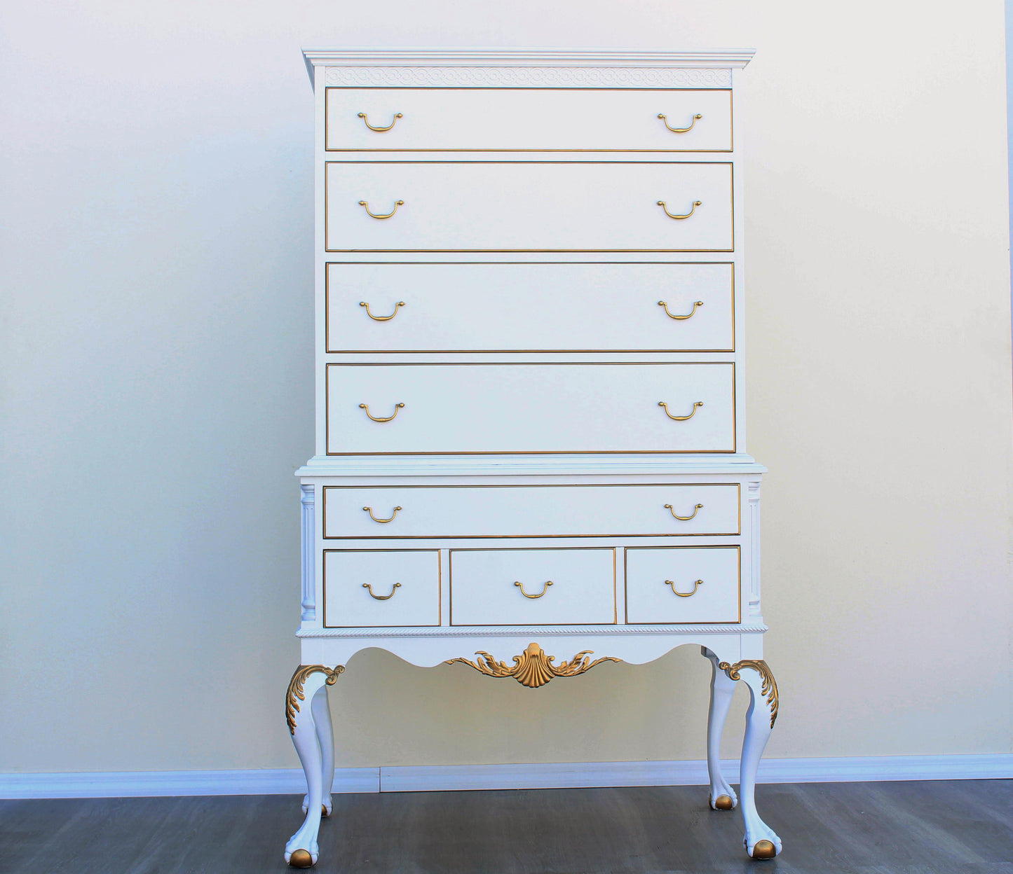 1960's White and Gold Chippendale Style Highboy of Six Drawers