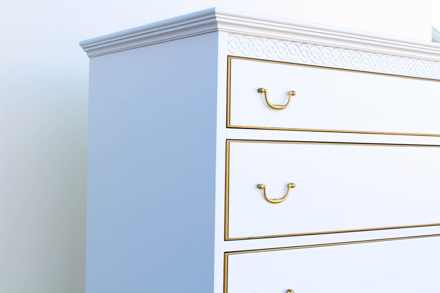 1960's White and Gold Chippendale Style Highboy of Six Drawers