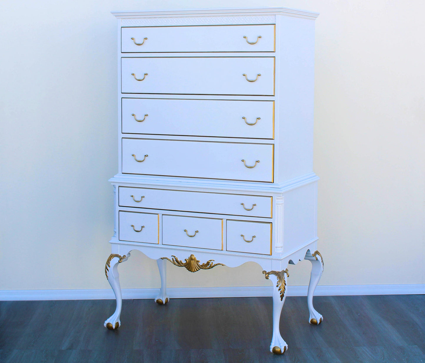 1960's White and Gold Chippendale Style Highboy of Six Drawers