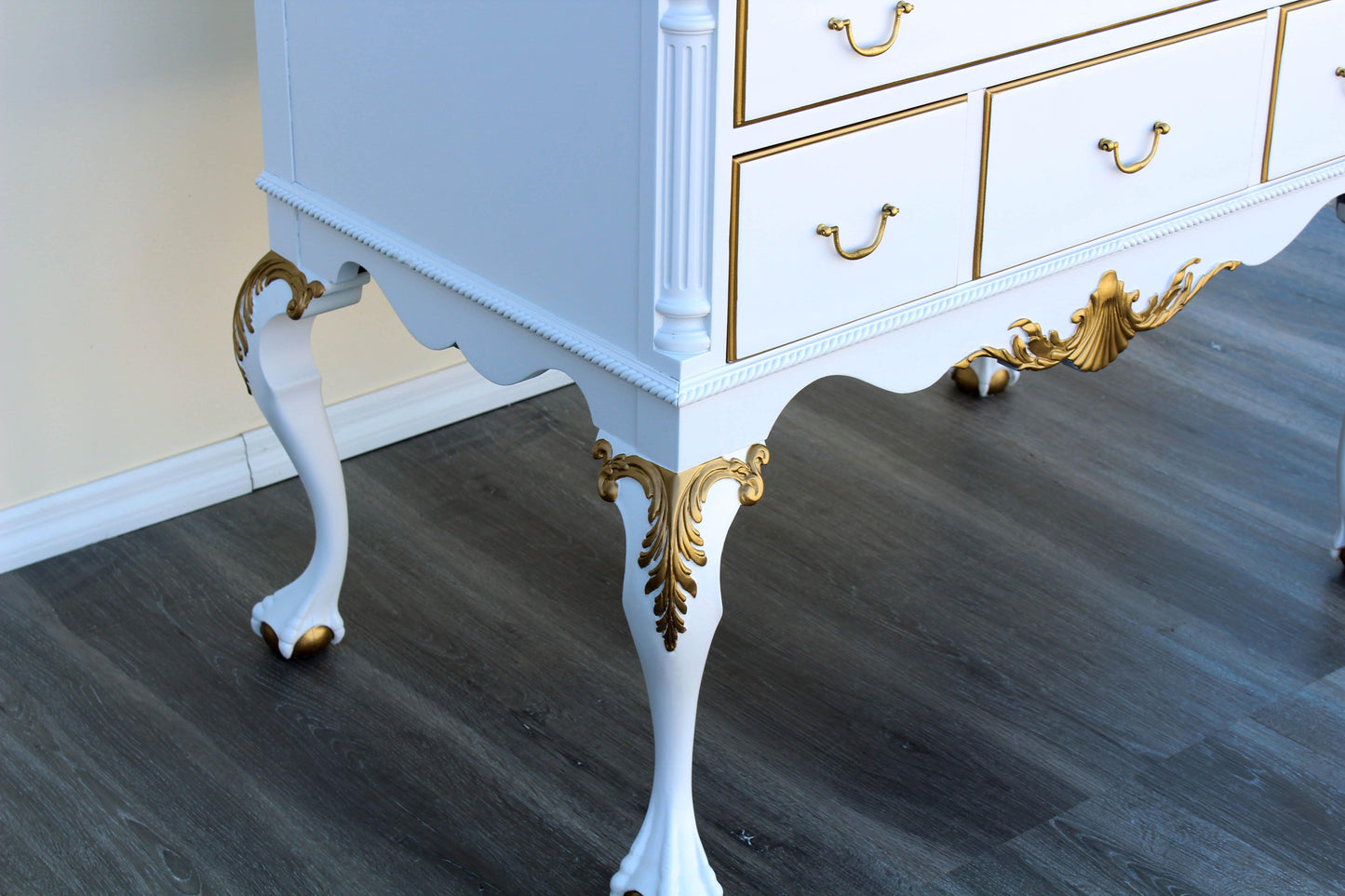 1960's White and Gold Chippendale Style Highboy of Six Drawers