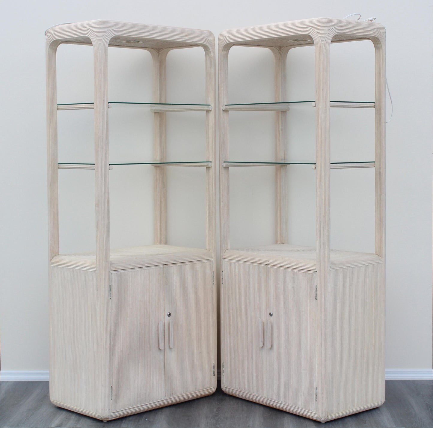 1970's Coastal Pencil Reed Etagere - a Pair