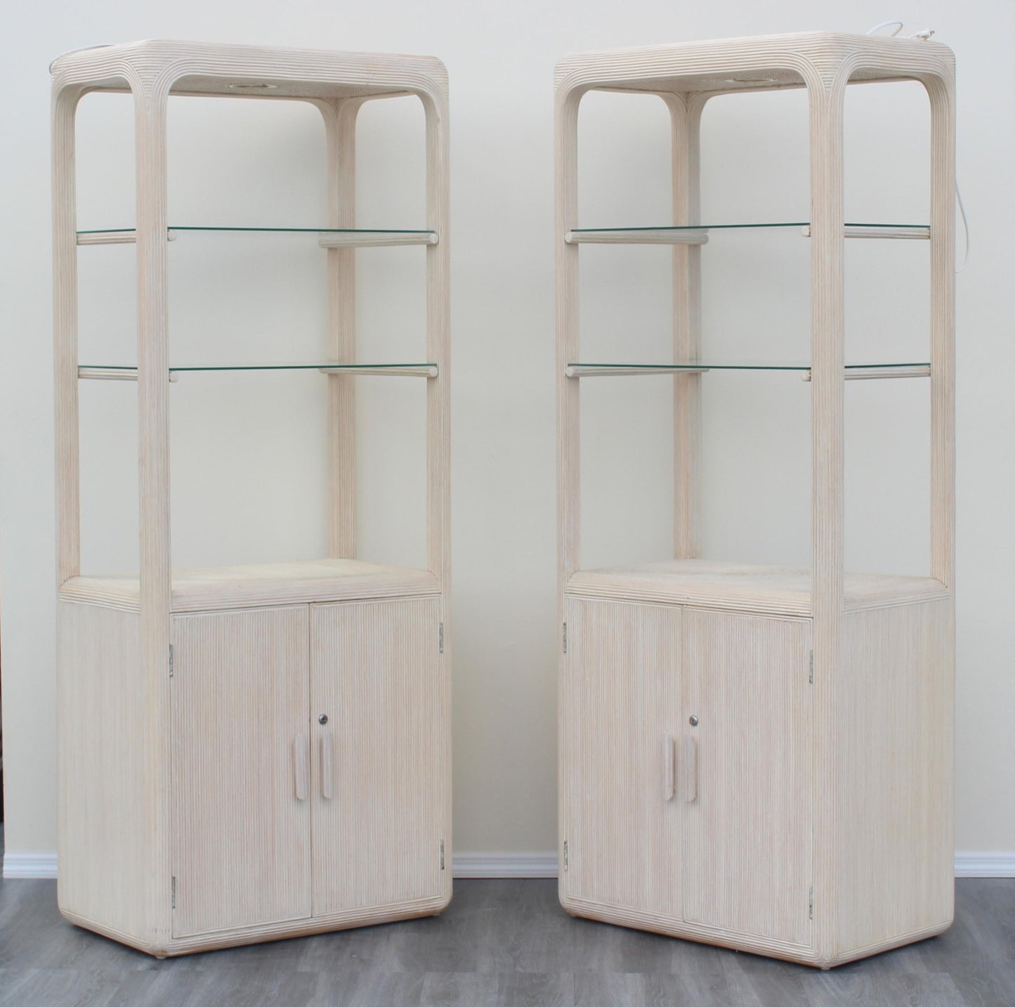 1970's Coastal Pencil Reed Etagere - a Pair