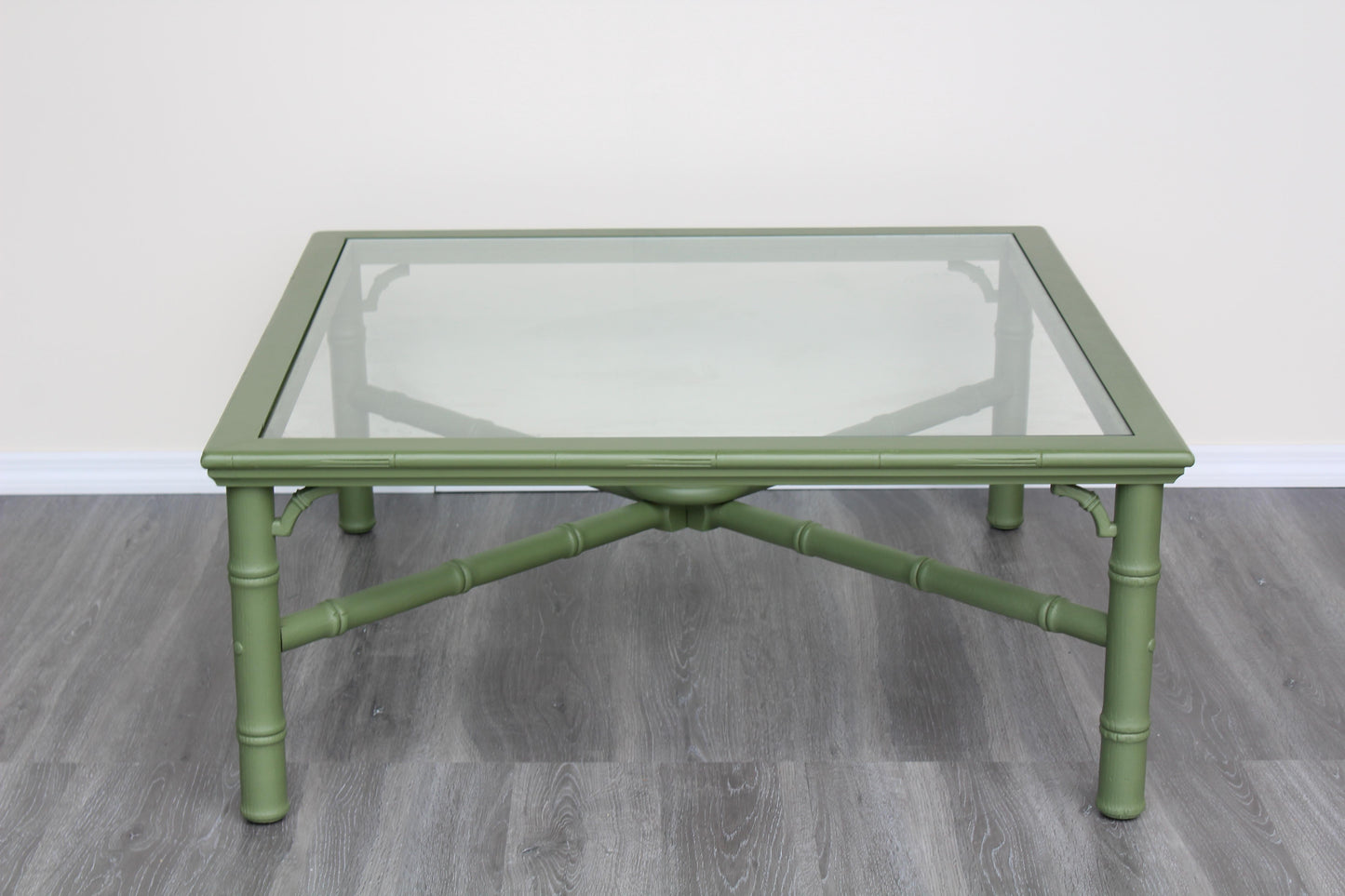 1970's Faux Bamboo Green Coffee Table With Glass Top