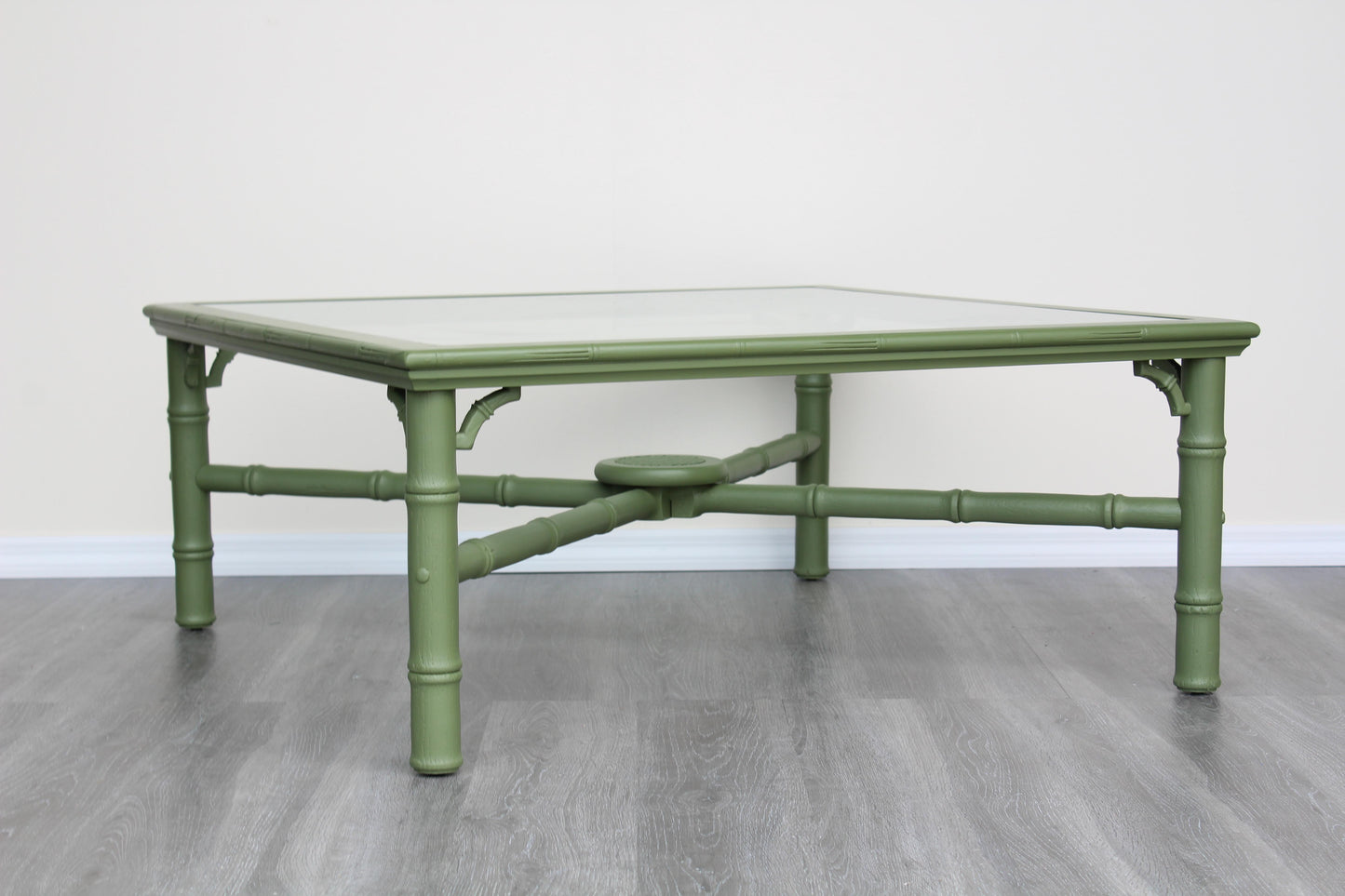 1970's Faux Bamboo Green Coffee Table With Glass Top