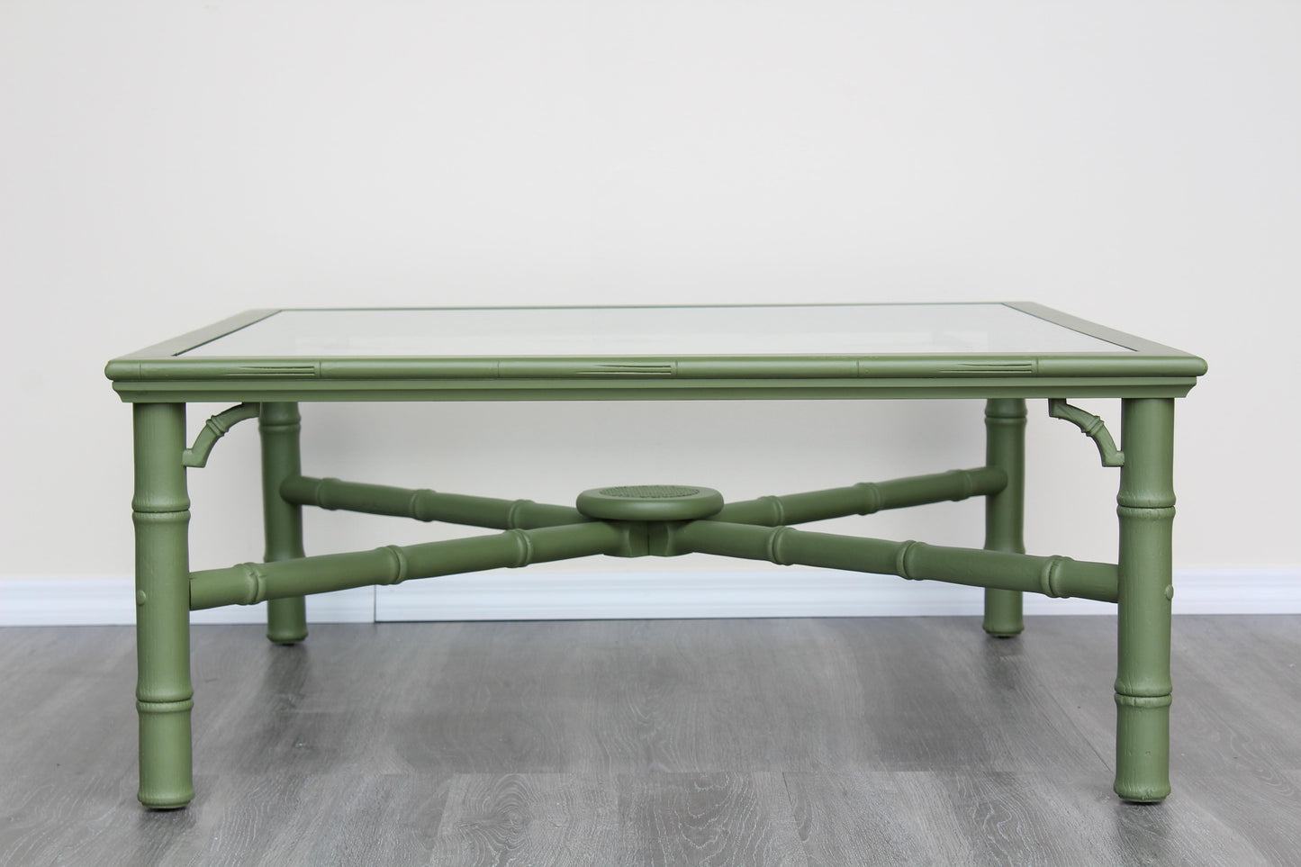 1970's Faux Bamboo Green Coffee Table With Glass Top