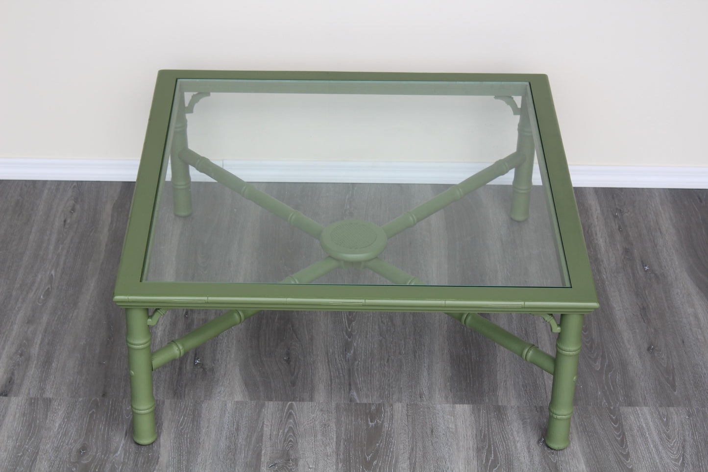 1970's Faux Bamboo Green Coffee Table With Glass Top