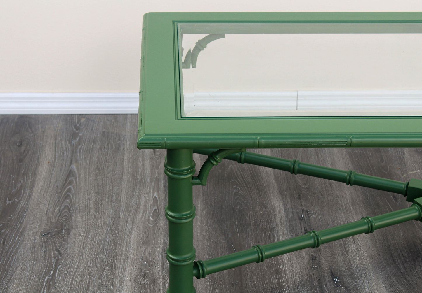 1970's Faux Bamboo Green Coffee Table With Glass Top