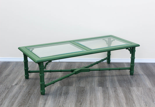 1970's Faux Bamboo Green Coffee Table With Glass Top