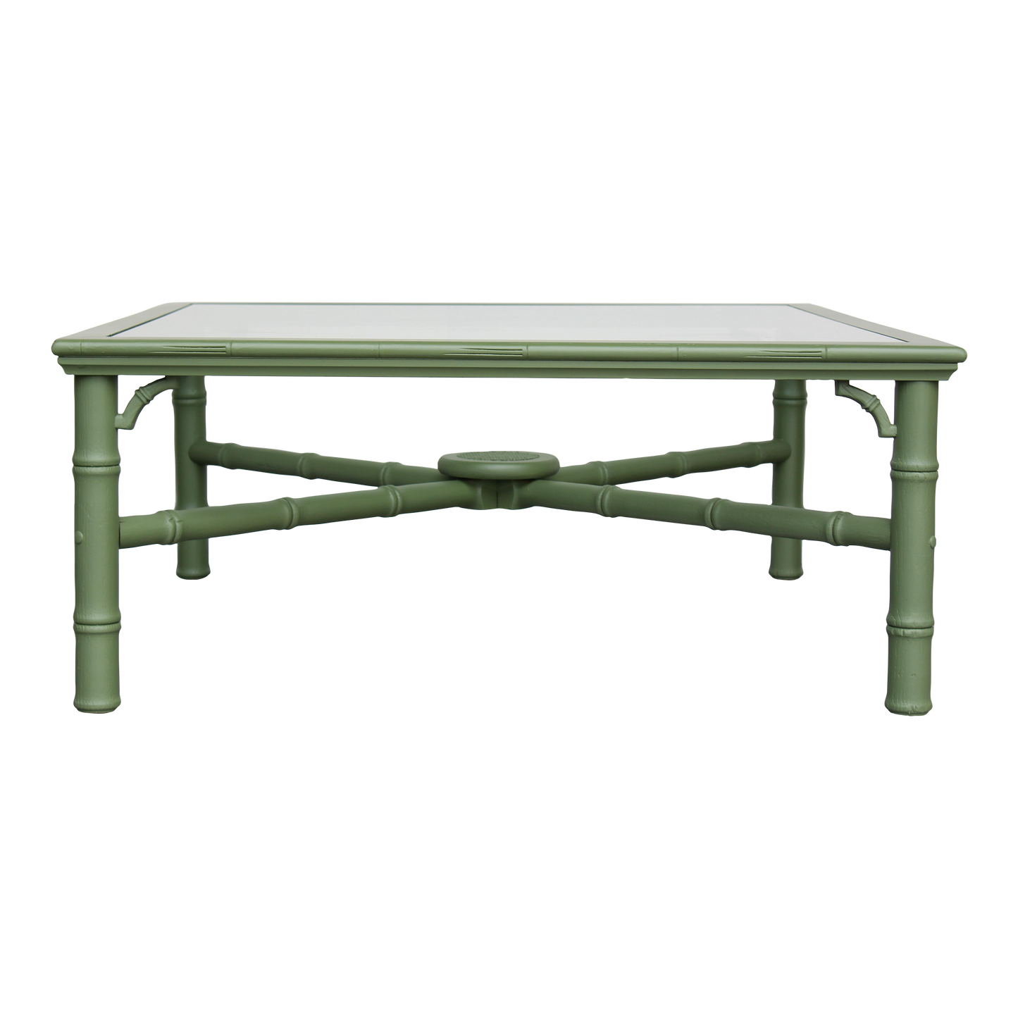 1970's faux bamboo walnut coffee table with glass top.  This table is professionally refinished in green with satin top coat.  Dimensions: 37"Width x 37"Depth x 16"Height. 