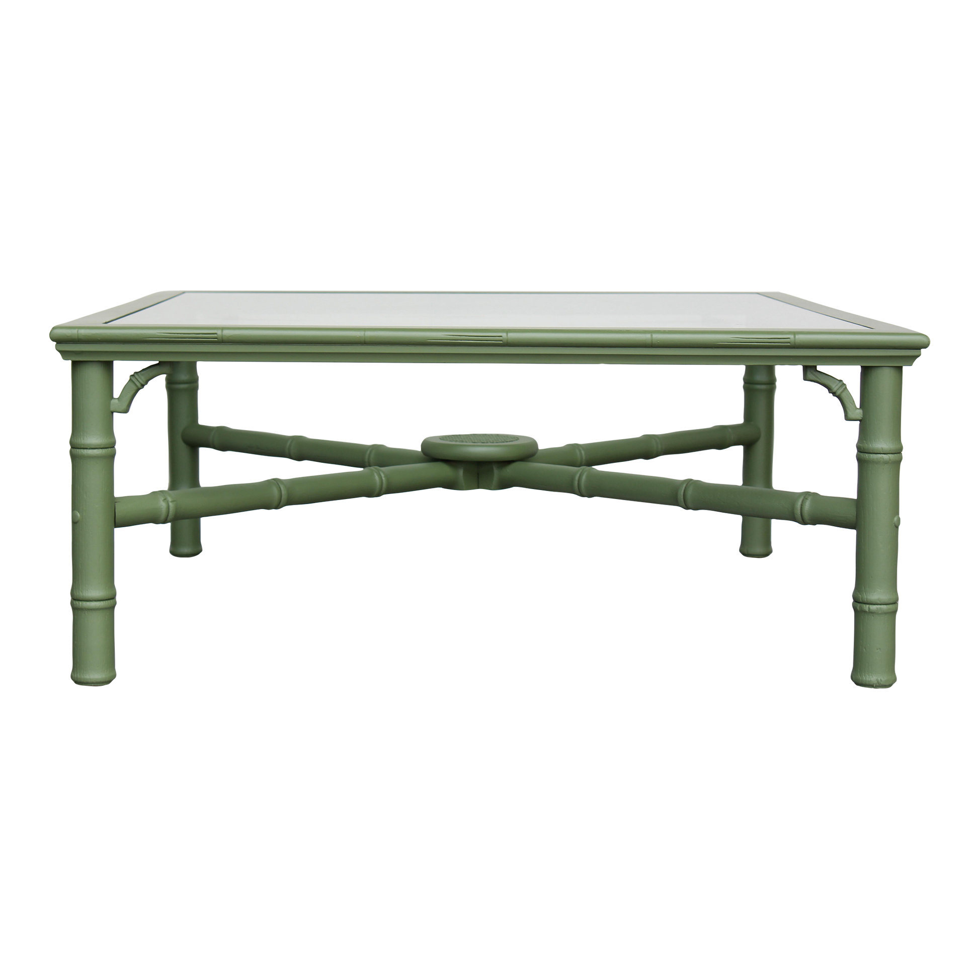 1970's faux bamboo walnut coffee table with glass top.  This table is professionally refinished in green with satin top coat.  Dimensions: 37"Width x 37"Depth x 16"Height. 