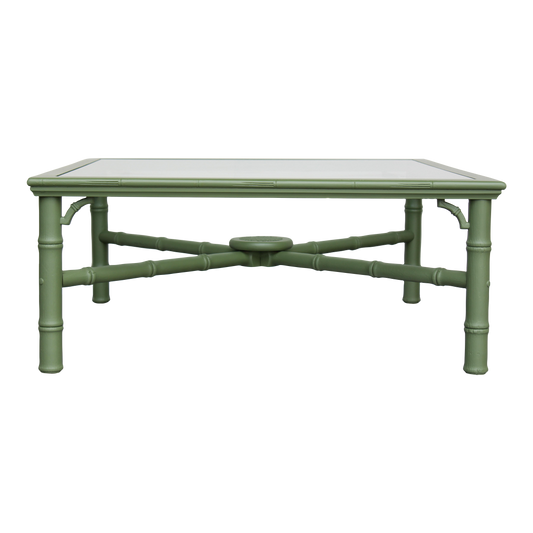 1970's faux bamboo walnut coffee table with glass top.  This table is professionally refinished in green with satin top coat.  Dimensions: 37"Width x 37"Depth x 16"Height. 