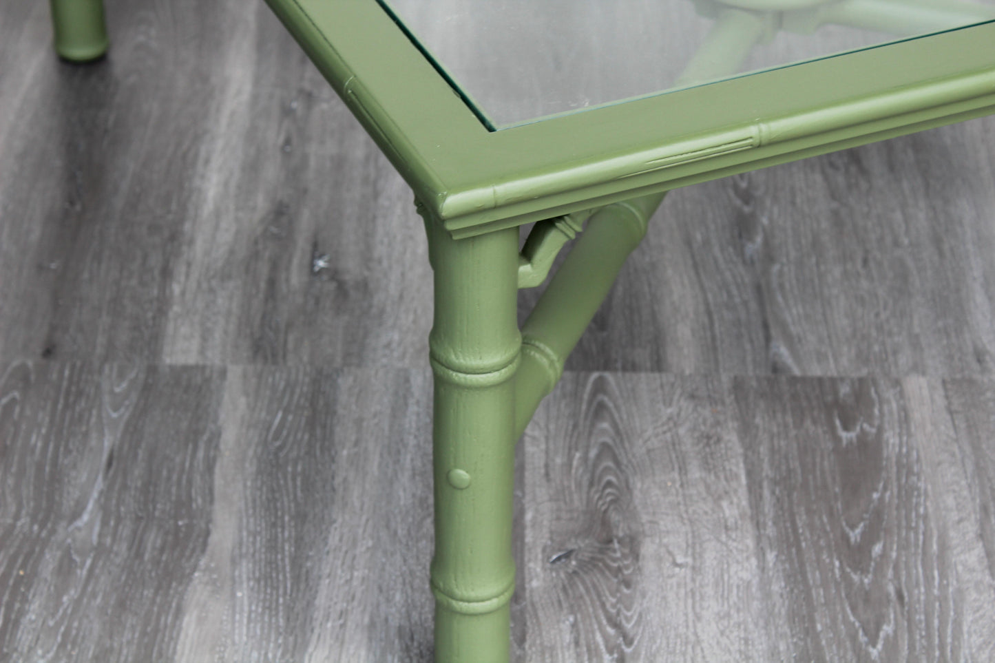 1970's Faux Bamboo Green Coffee Table With Glass Top