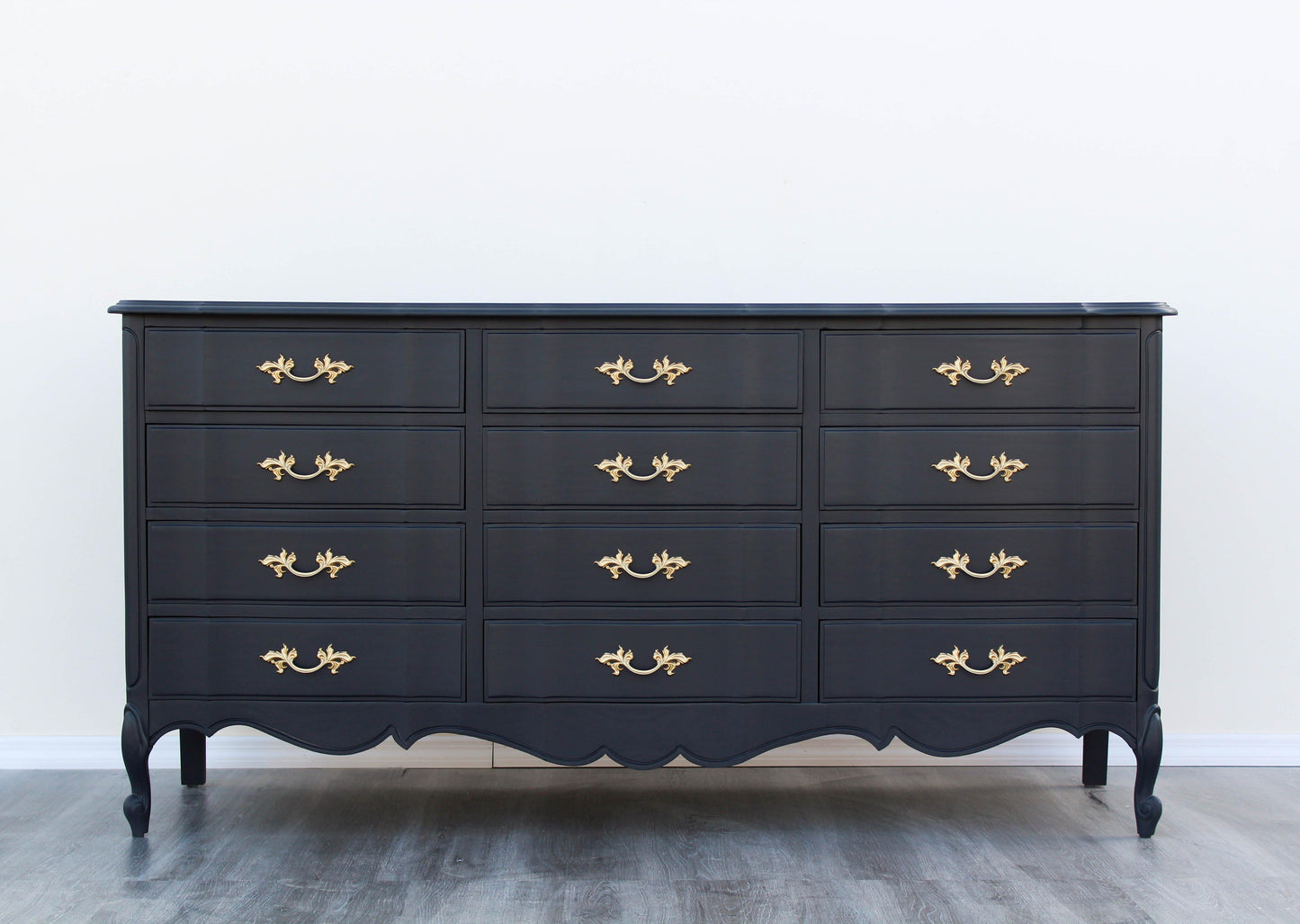 1970's French Provincial Charcoal Black Dresser of Twelve Drawers