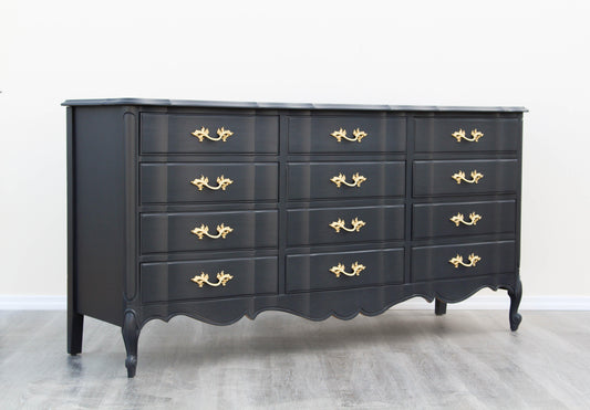 1970's French Provincial Charcoal Black Dresser of Twelve Drawers