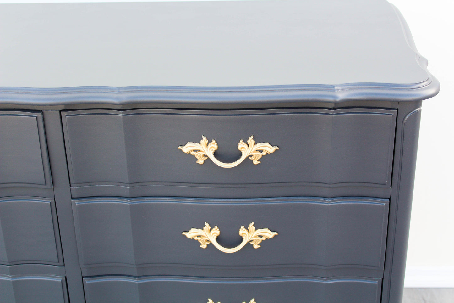 1970's French Provincial Charcoal Black Dresser of Twelve Drawers