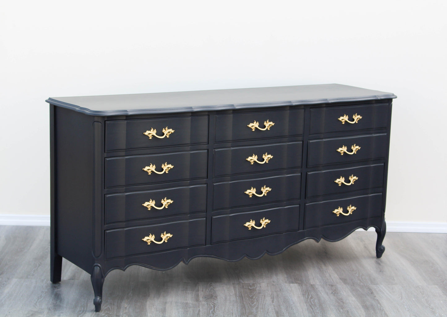 1970's French Provincial Charcoal Black Dresser of Twelve Drawers