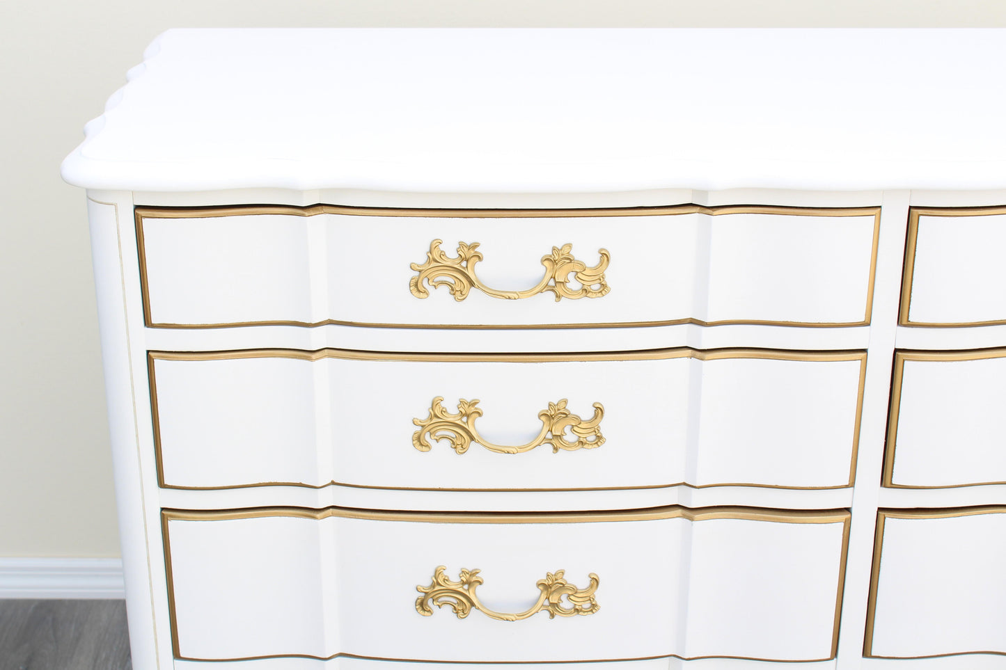 1970's French Provincial White and Gold Dresser of Eight Drawers