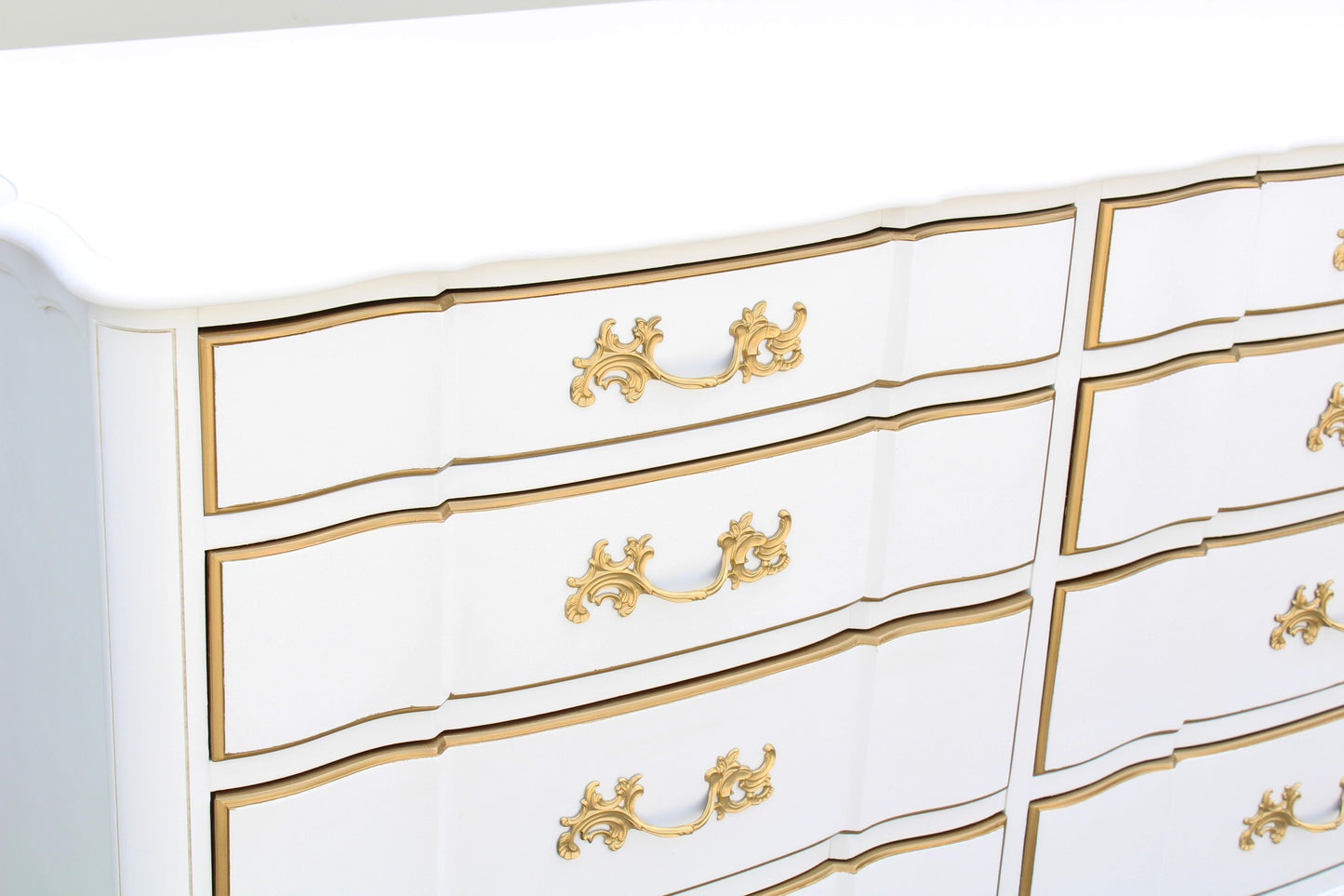 1970's French Provincial White and Gold Dresser of Eight Drawers