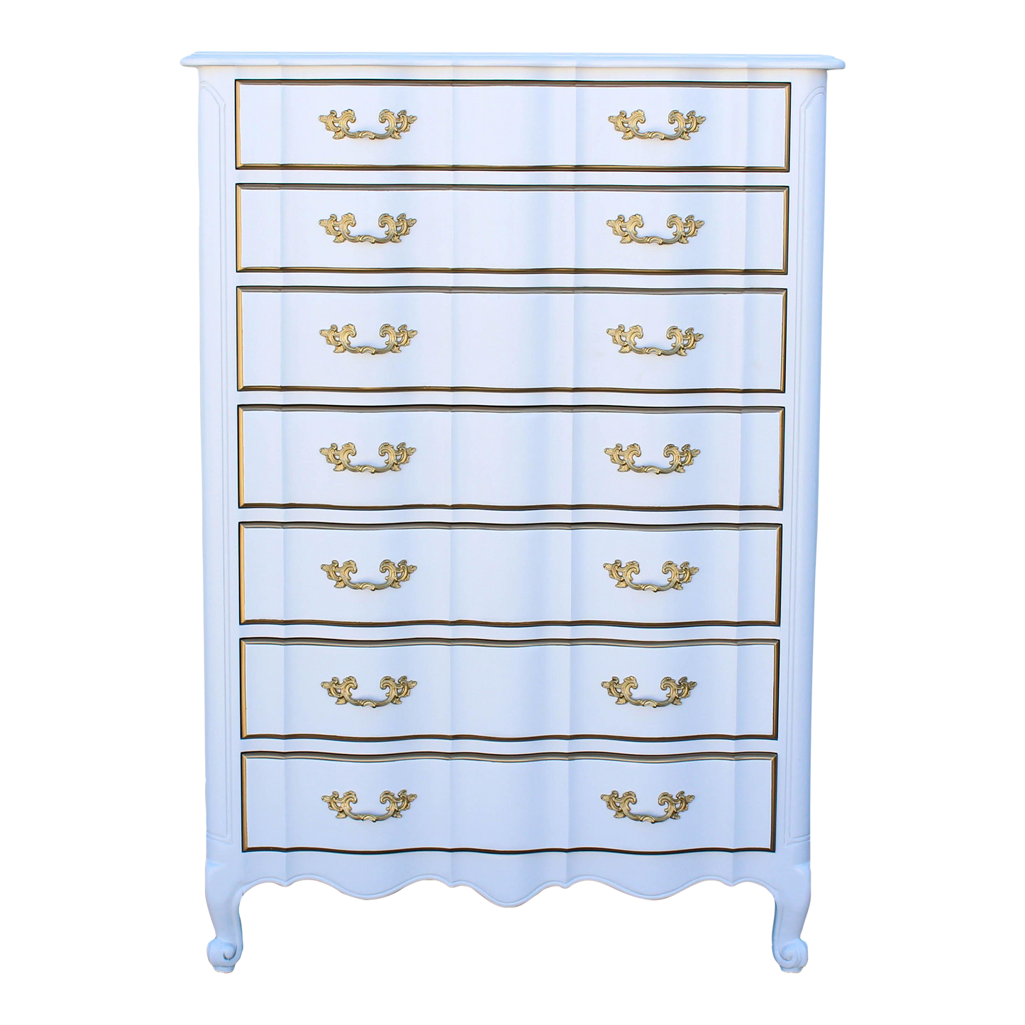 1970's French Provincial White and Gold Highboy of Seven Drawers