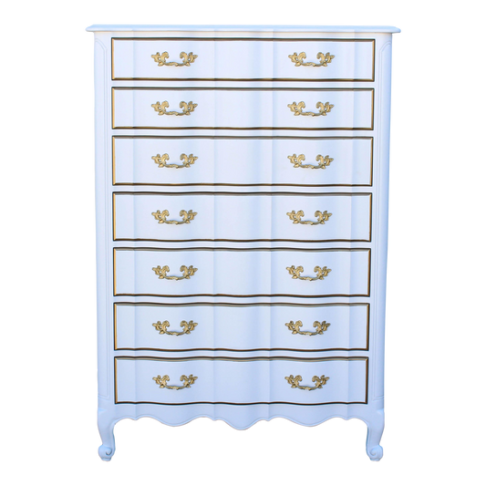 1970's French Provincial White and Gold Highboy of Seven Drawers