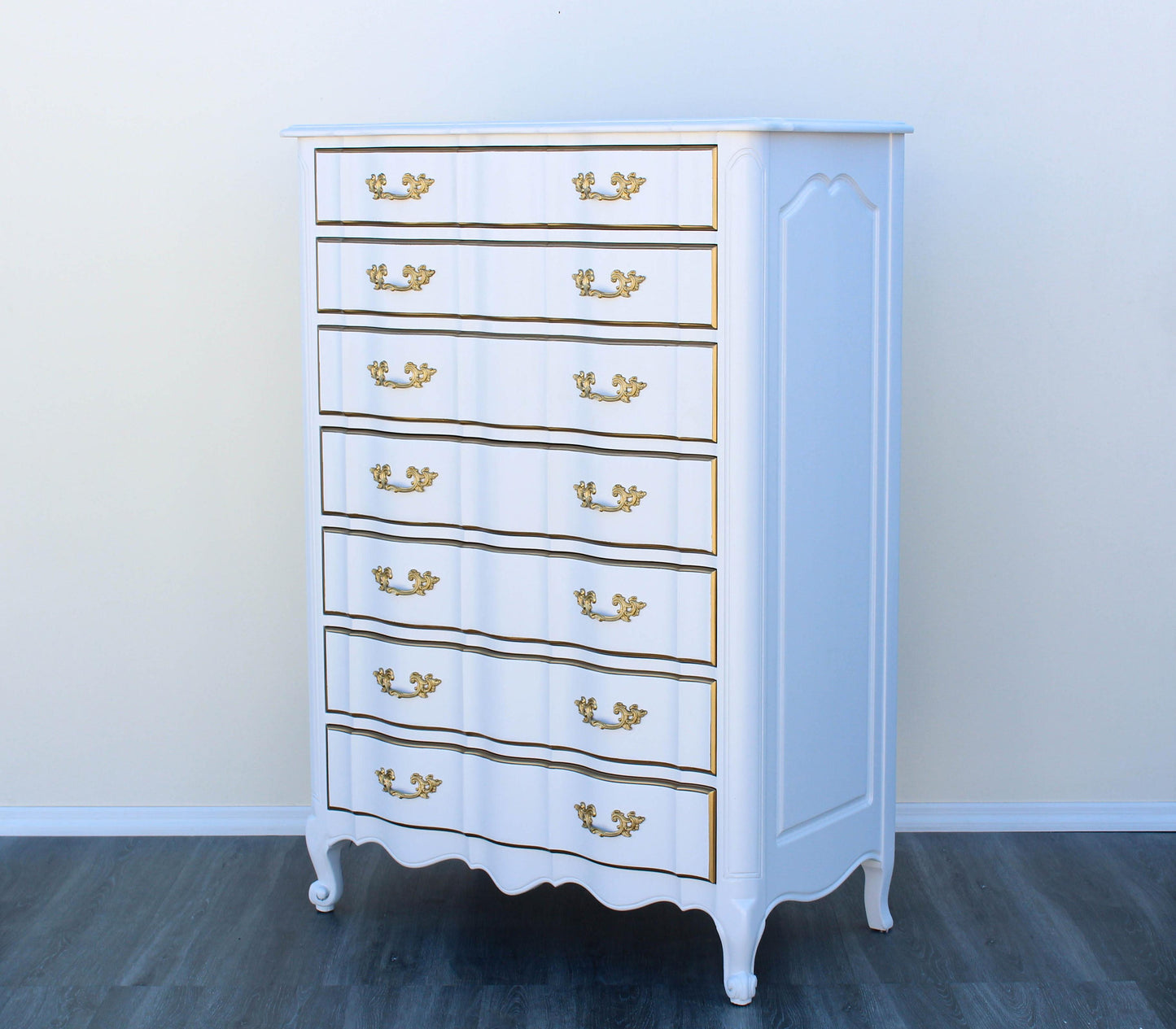 1970's French Provincial White and Gold Highboy of Seven Drawers