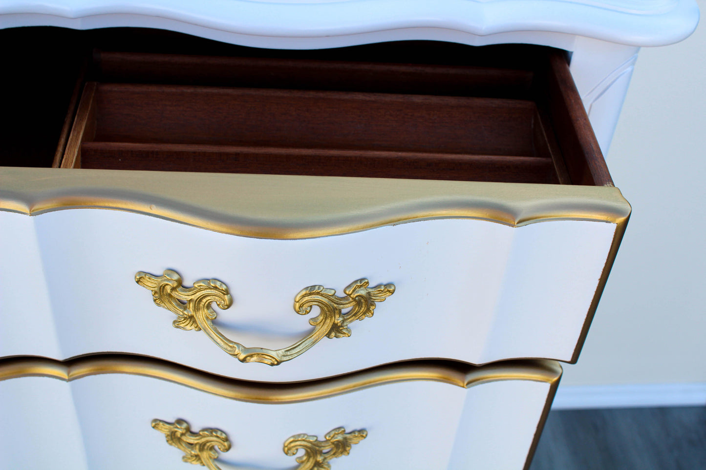 1970's French Provincial White and Gold Highboy of Seven Drawers