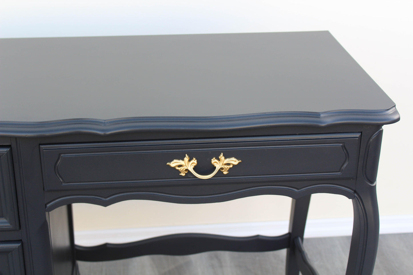 1970's French Style Charcoal Black Desk of Four Drawers by Henry Links