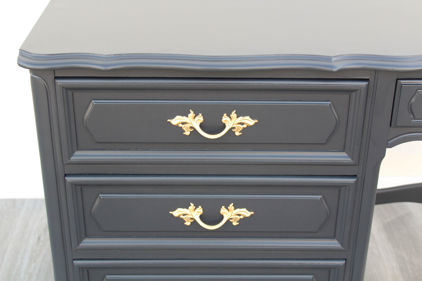 1970's French Style Charcoal Black Desk of Four Drawers by Henry Links