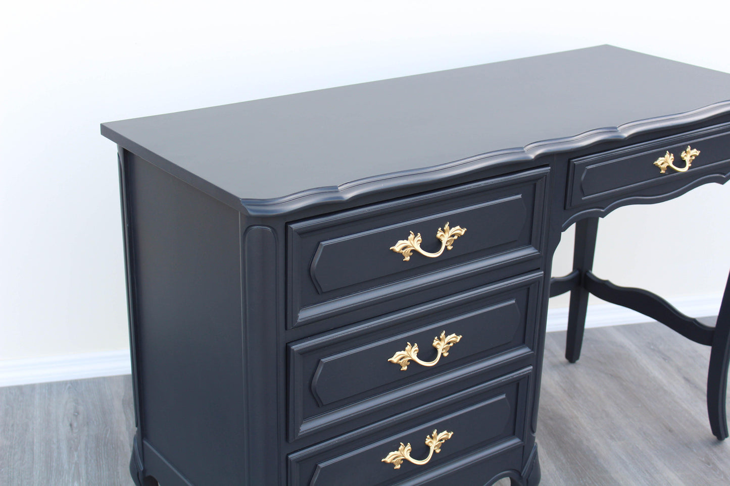 1970's French Style Charcoal Black Desk of Four Drawers by Henry Links