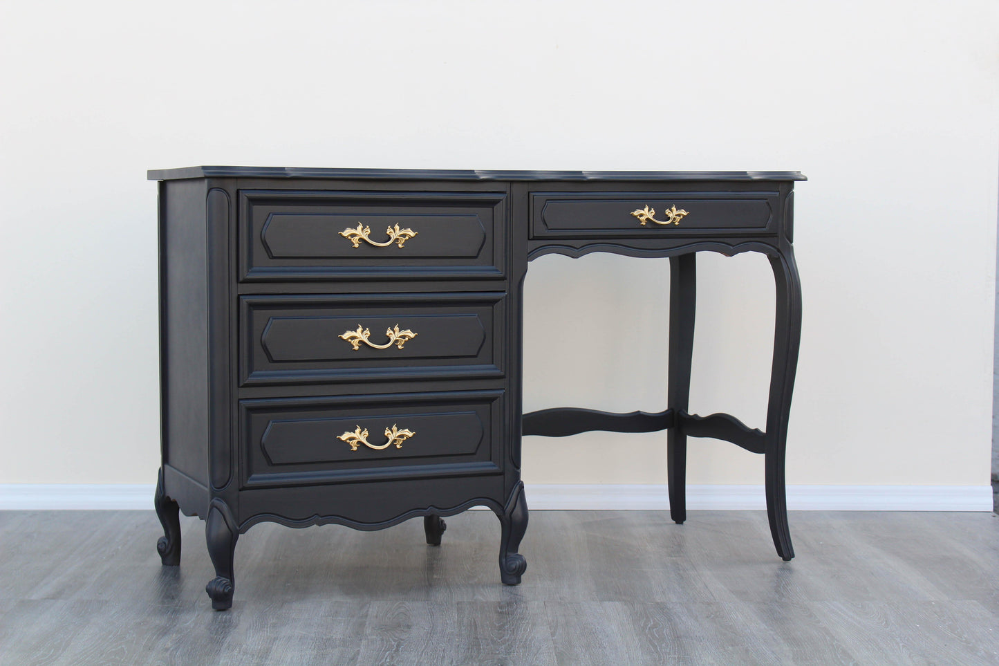 1970's French Style Charcoal Black Desk of Four Drawers by Henry Links