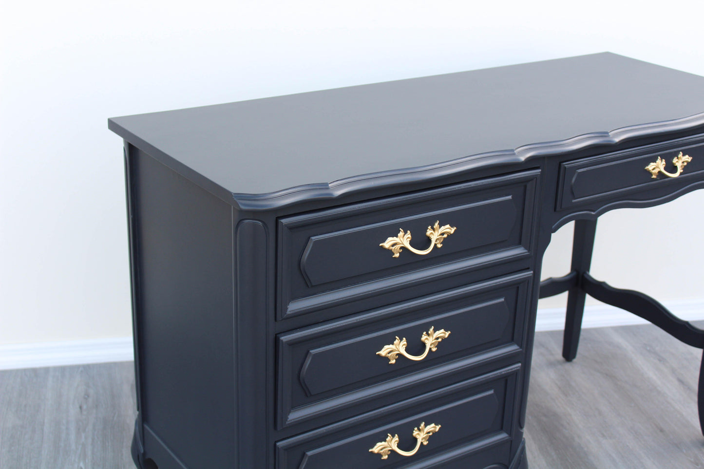 1970's French Style Charcoal Black Desk of Four Drawers by Henry Links