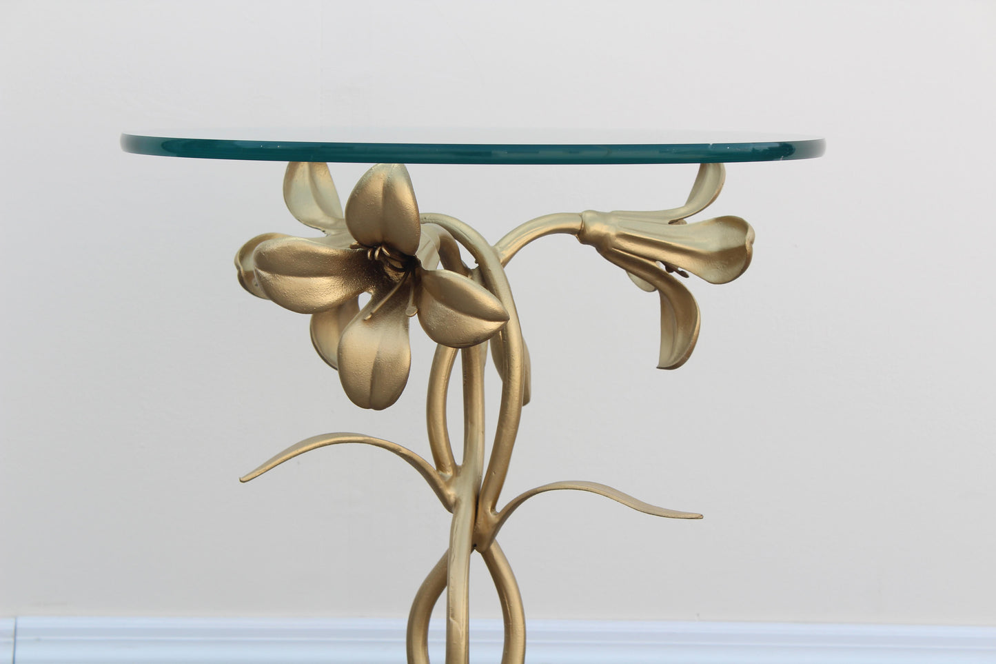 1970's Lily Flower Gold Metal Side Table With Glass Top