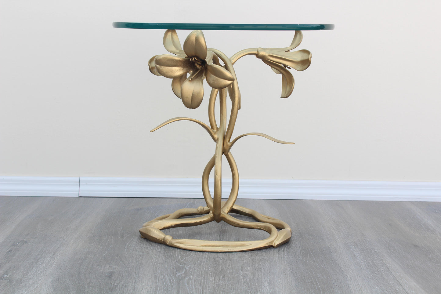 1970's Lily Flower Gold Metal Side Table With Glass Top