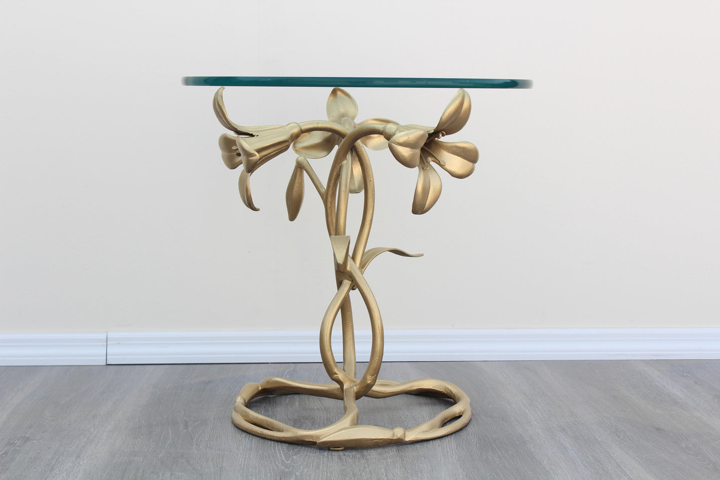 1970's Lily Flower Gold Metal Side Table With Glass Top