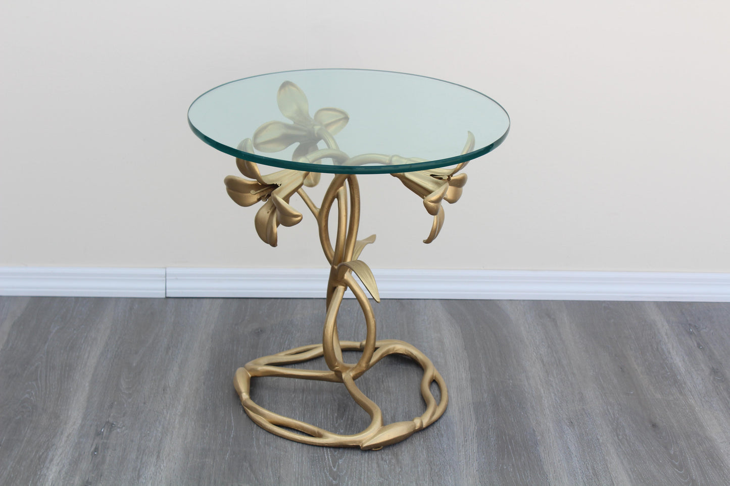 1970's Lily Flower Gold Metal Side Table With Glass Top