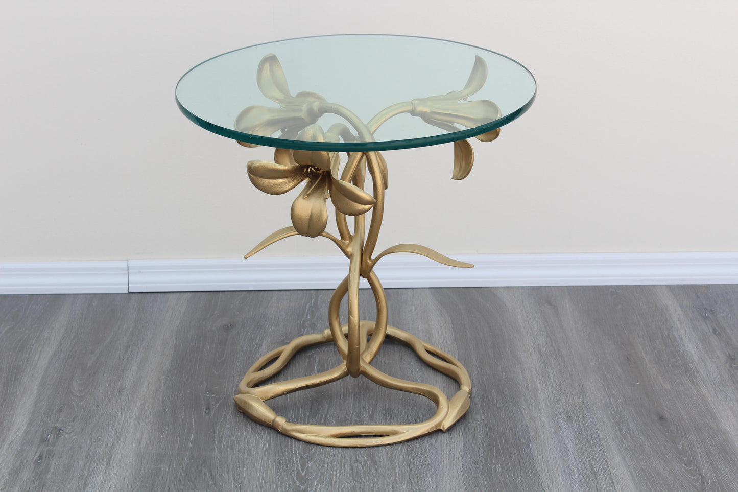 1970's Lily Flower Gold Metal Side Table With Glass Top